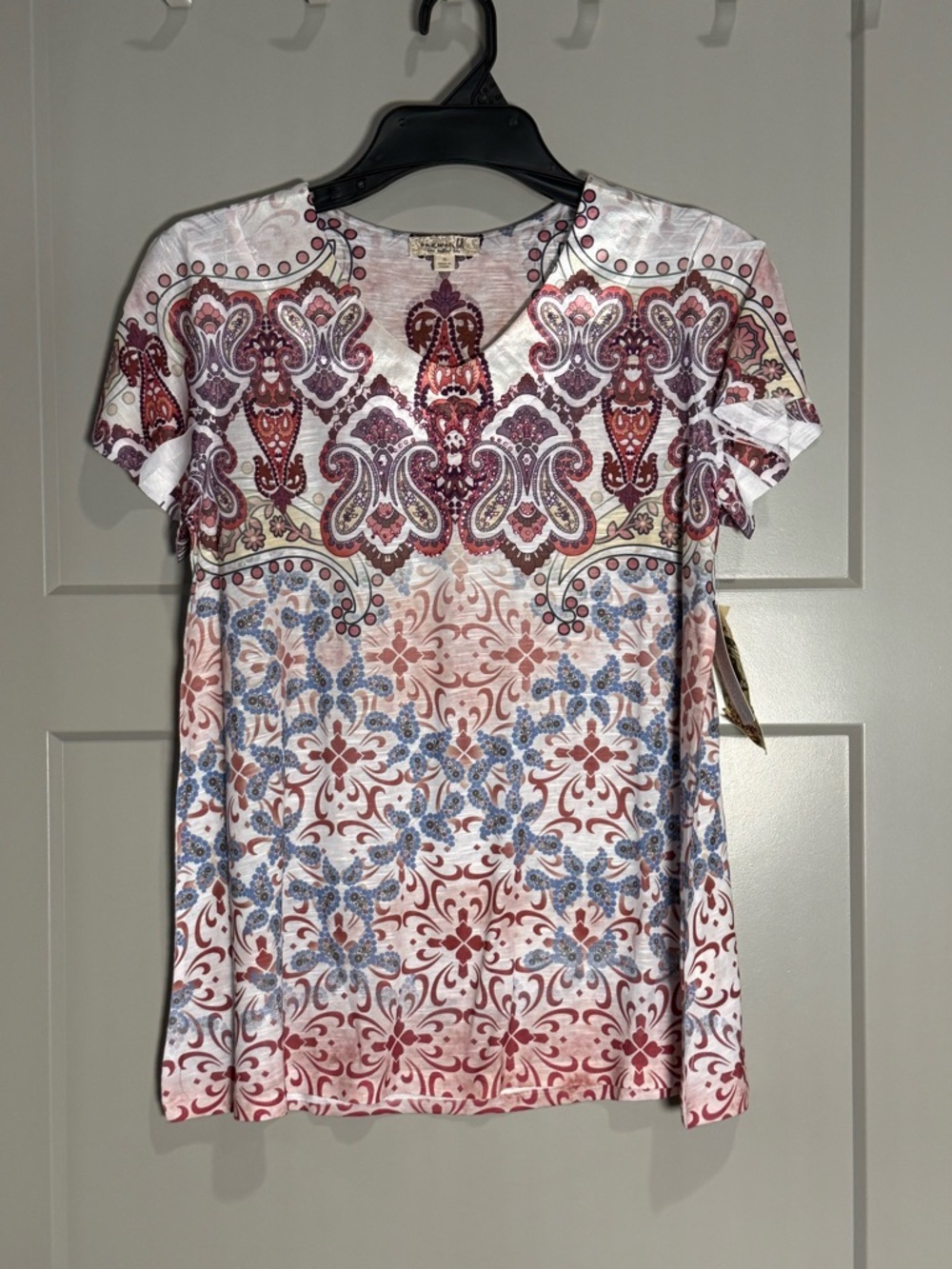One World Boho Paisley Print Blouse Lightweight V-neck Top - Small